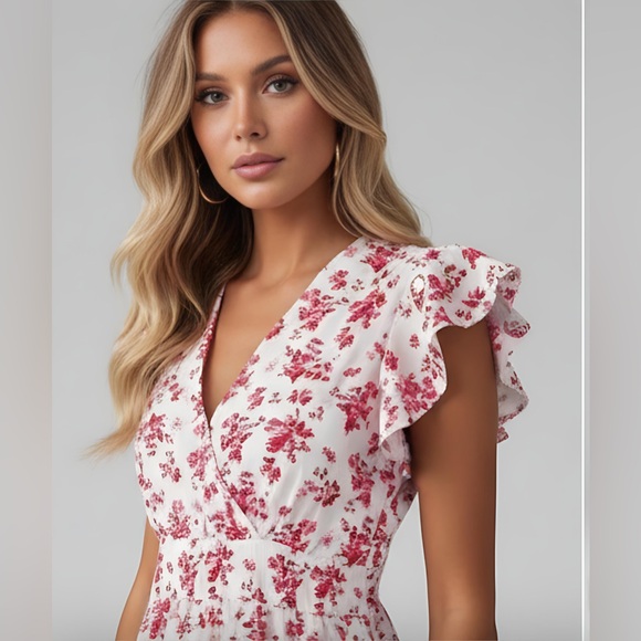 Boho Floral Print V-Neck Ruffle Sleeve Maxi Dress Red - Picture 2 of 8